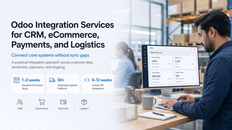 Odoo integration services for CRM, eCommerce, payments, and logistics
